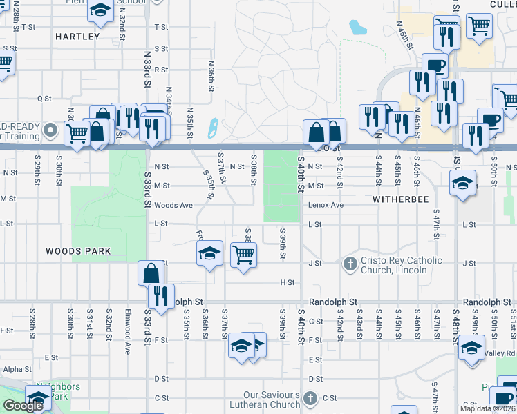 map of restaurants, bars, coffee shops, grocery stores, and more near 348 South 38th Street in Lincoln
