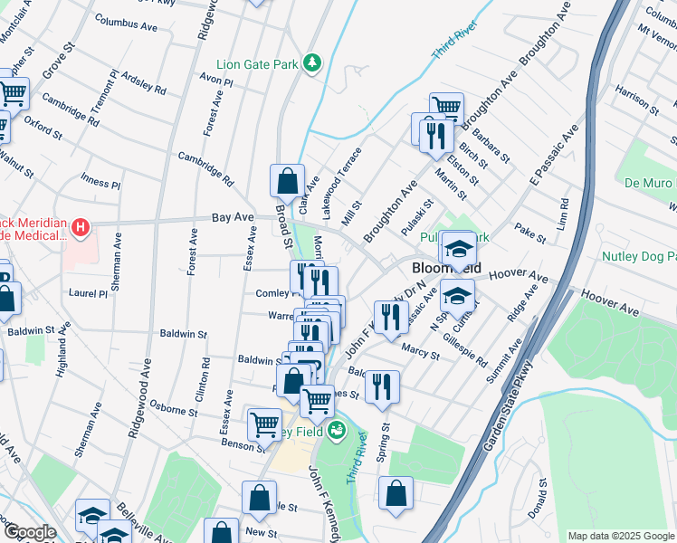 map of restaurants, bars, coffee shops, grocery stores, and more near 33 Morris Place in Bloomfield