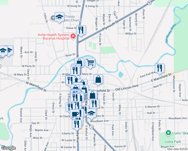 map of restaurants, bars, coffee shops, grocery stores, and more near 219 N Lane St in Bucyrus