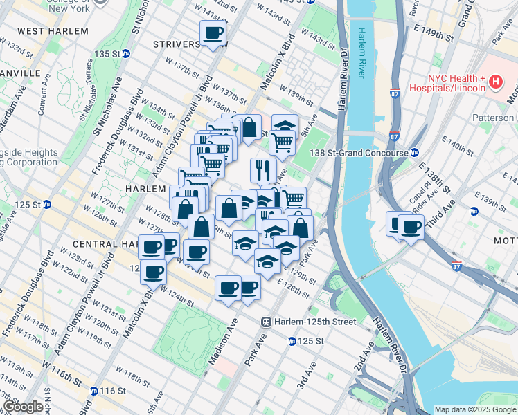 map of restaurants, bars, coffee shops, grocery stores, and more near 2150 5th Avenue in New York