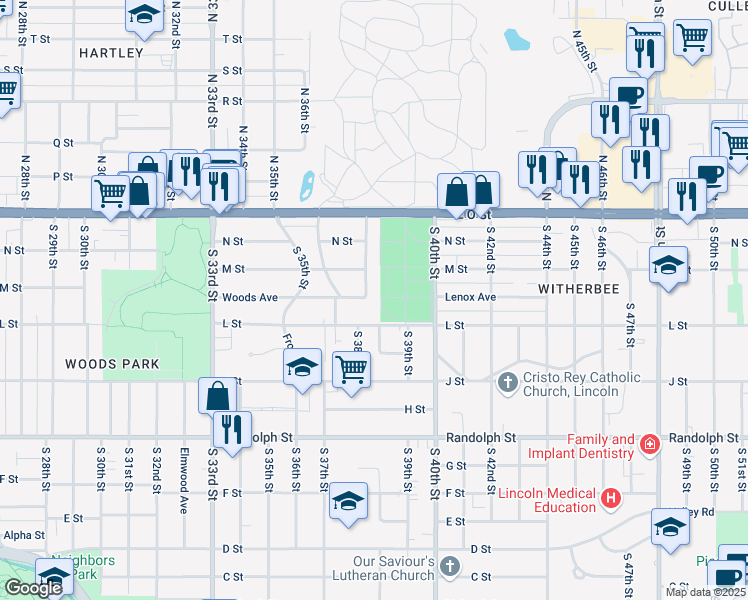 map of restaurants, bars, coffee shops, grocery stores, and more near 350 South 38th Street in Lincoln