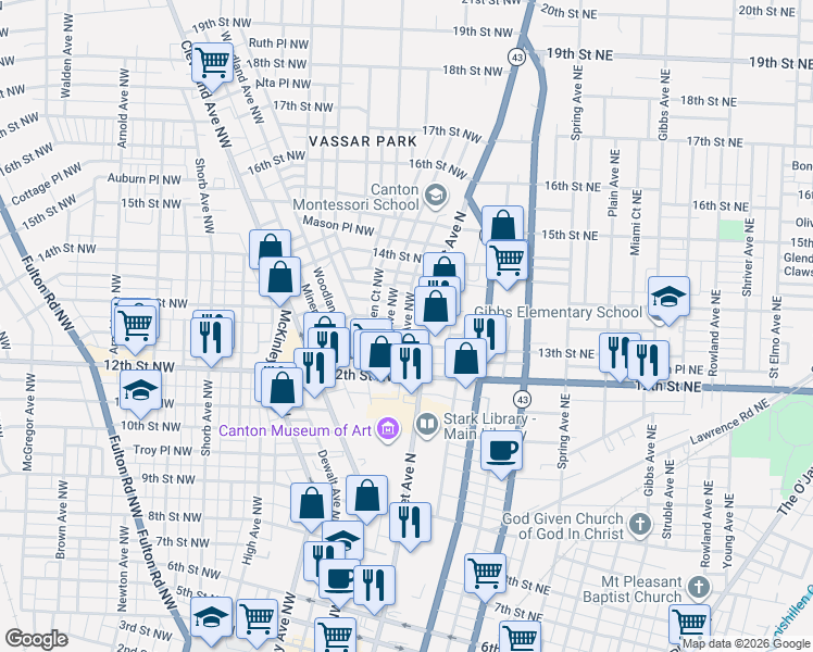map of restaurants, bars, coffee shops, grocery stores, and more near 77 13th St NW in Canton