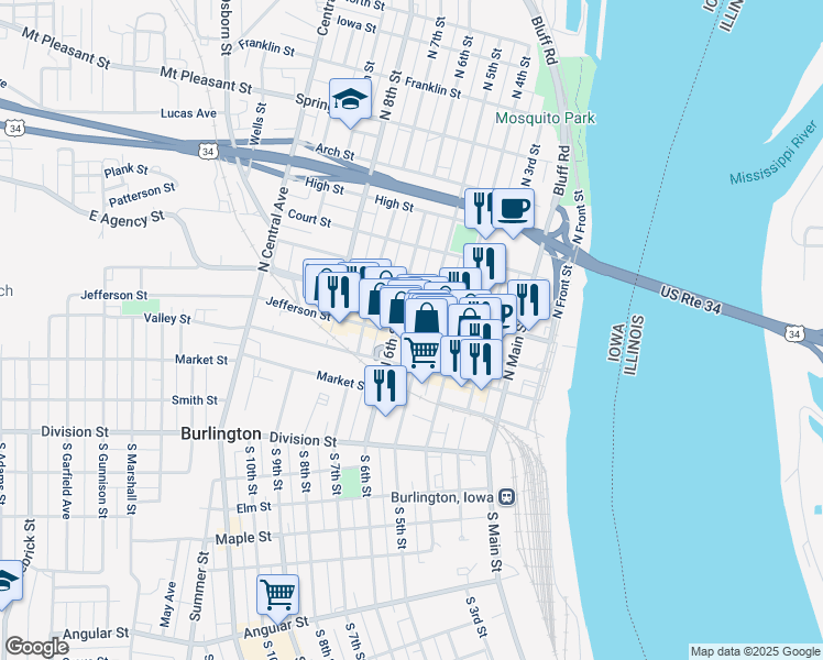 map of restaurants, bars, coffee shops, grocery stores, and more near 510 Jefferson Street in Burlington