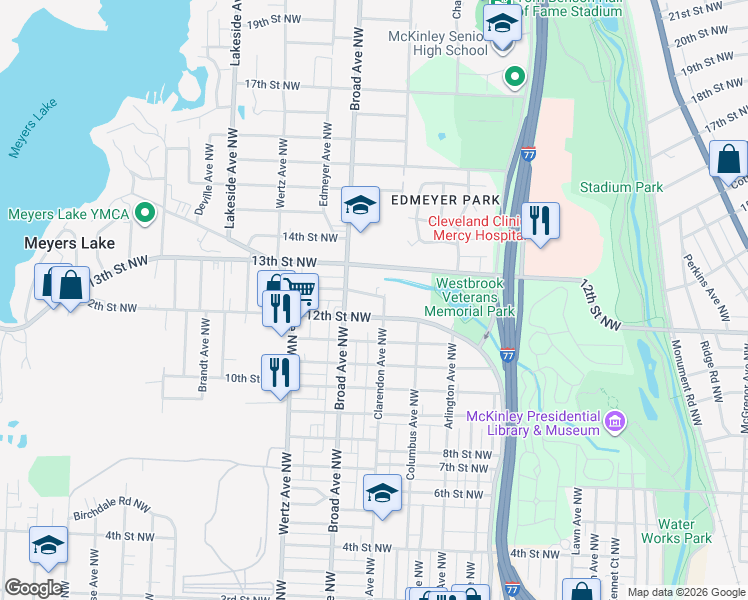 map of restaurants, bars, coffee shops, grocery stores, and more near 2608 Abbott Place Northwest in Canton