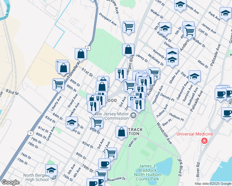map of restaurants, bars, coffee shops, grocery stores, and more near 7855 Bergen Boulevard in North Bergen