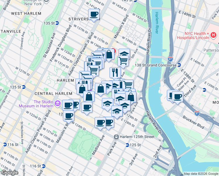 map of restaurants, bars, coffee shops, grocery stores, and more near 7 West 131st Street in New York