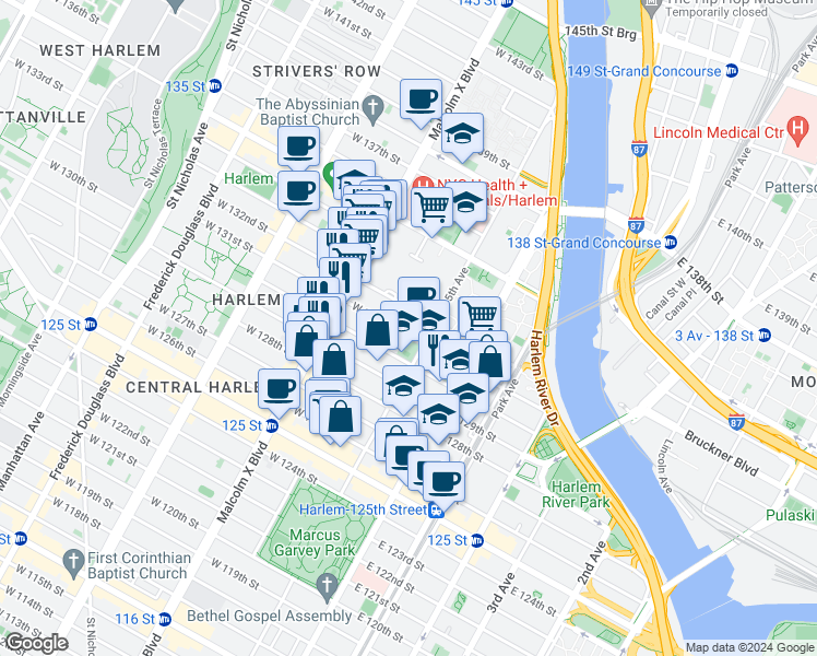 map of restaurants, bars, coffee shops, grocery stores, and more near 11 West 131st Street in New York