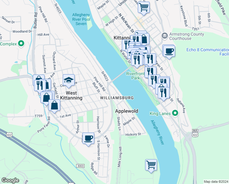 map of restaurants, bars, coffee shops, grocery stores, and more near 120 Allegheny Avenue in Kittanning