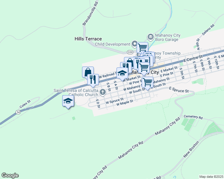 map of restaurants, bars, coffee shops, grocery stores, and more near 426 West Pine Street in Mahanoy City