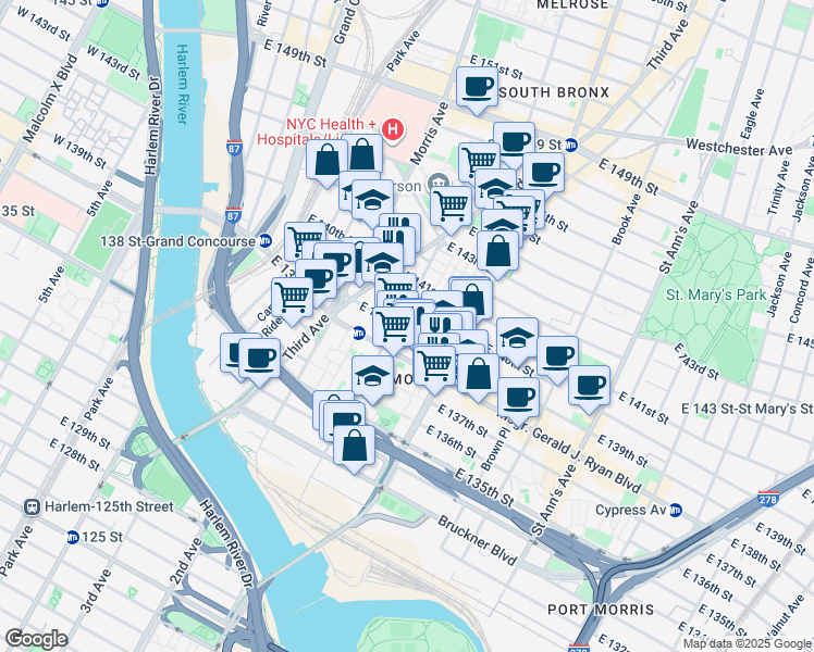 map of restaurants, bars, coffee shops, grocery stores, and more near in The Bronx