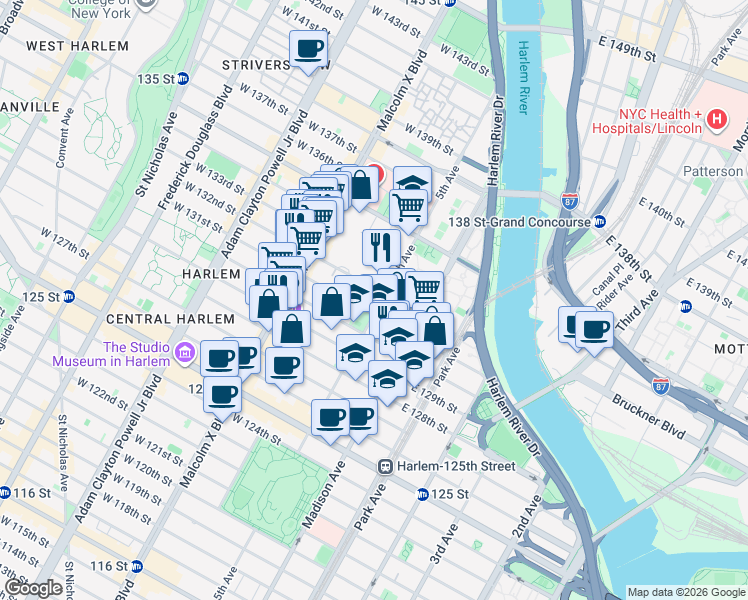 map of restaurants, bars, coffee shops, grocery stores, and more near 2142 5th Avenue in New York