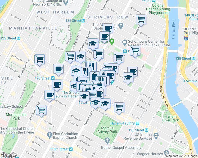 map of restaurants, bars, coffee shops, grocery stores, and more near 131 West 128th Street in New York