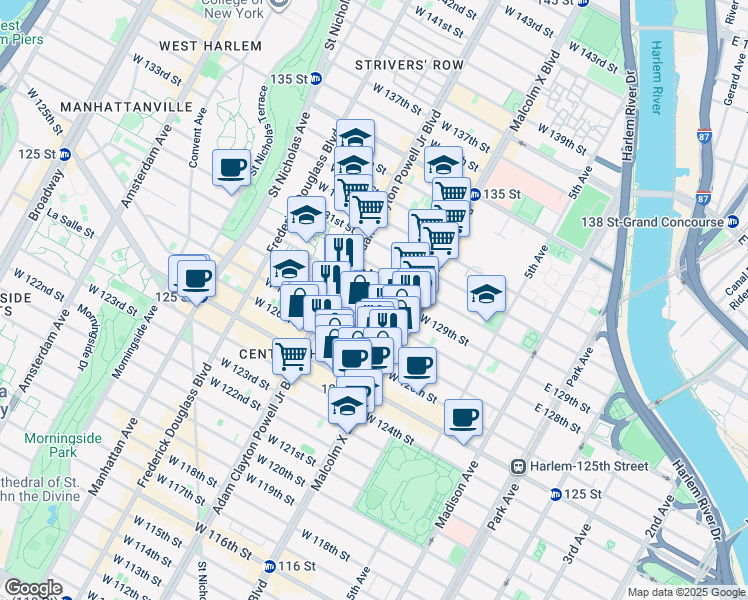 map of restaurants, bars, coffee shops, grocery stores, and more near 131 West 128th Street in New York