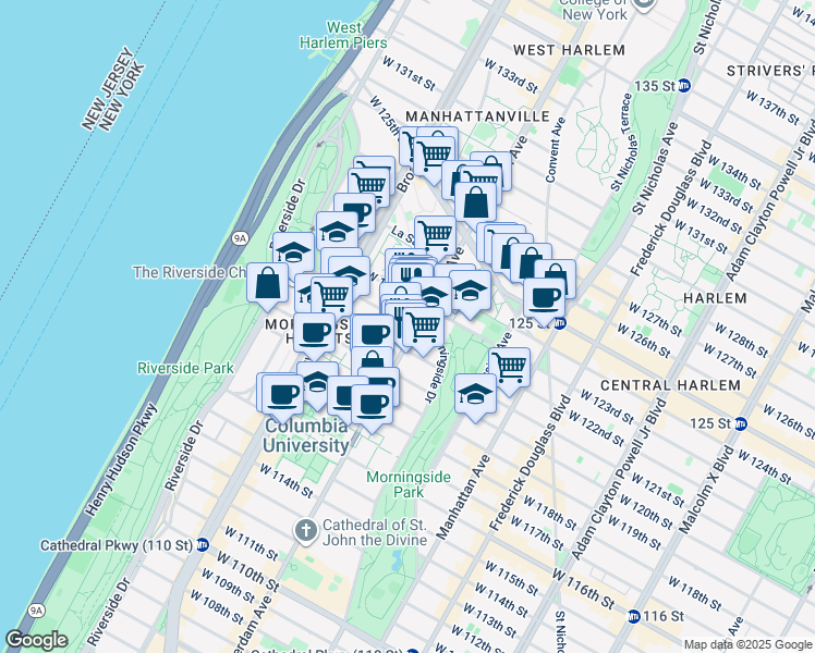 map of restaurants, bars, coffee shops, grocery stores, and more near 503 West 121st Street in New York