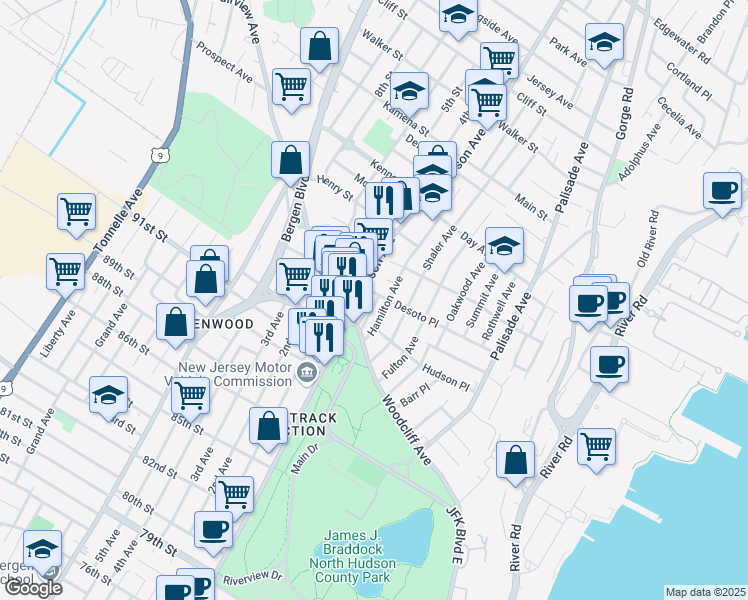 map of restaurants, bars, coffee shops, grocery stores, and more near 298B Desoto Place in Fairview