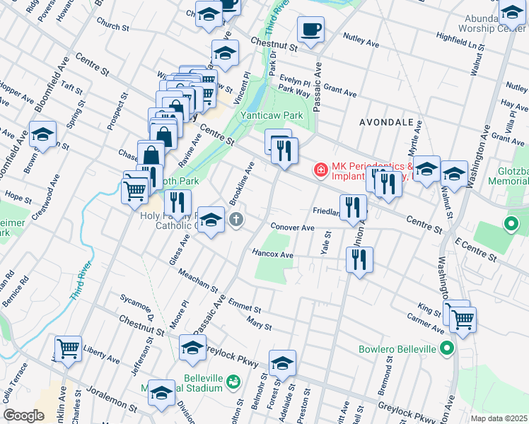 map of restaurants, bars, coffee shops, grocery stores, and more near 94 Passaic Avenue in Nutley