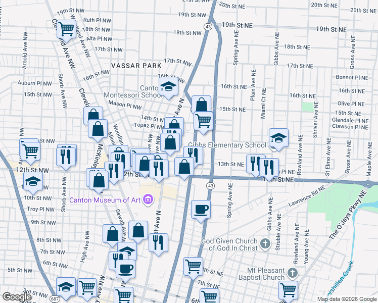 map of restaurants, bars, coffee shops, grocery stores, and more near 1315 Piedmont Avenue Northeast in Canton