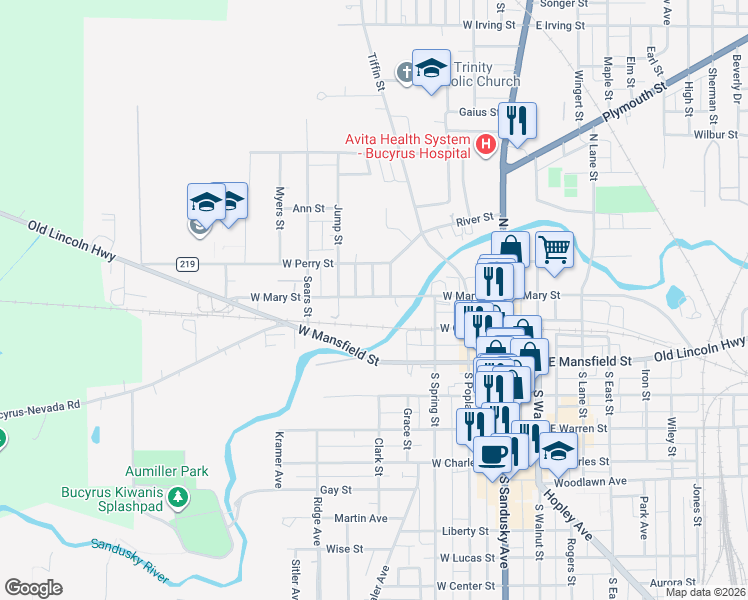 map of restaurants, bars, coffee shops, grocery stores, and more near 501-507 West Mary Street in Bucyrus