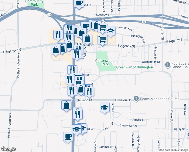 map of restaurants, bars, coffee shops, grocery stores, and more near 3004 Fleming Court in Burlington