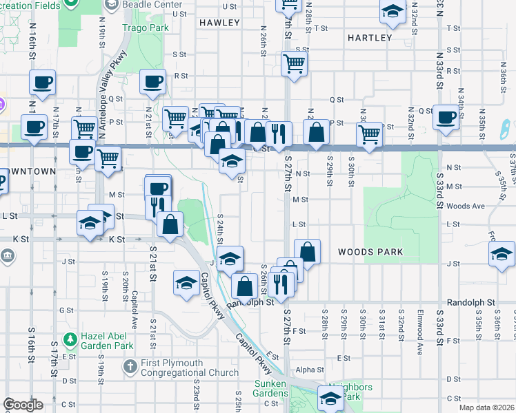 map of restaurants, bars, coffee shops, grocery stores, and more near 349 South 26th Street in Lincoln