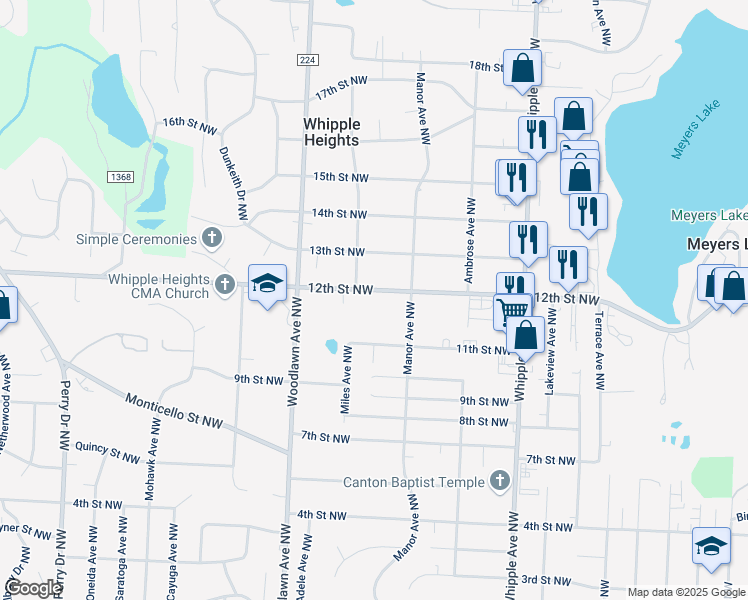 map of restaurants, bars, coffee shops, grocery stores, and more near 4640 12th Street Northwest in Canton