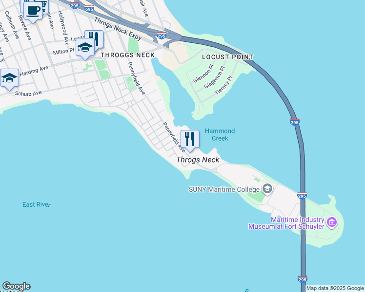 map of restaurants, bars, coffee shops, grocery stores, and more near 92 Pennyfield Avenue in The Bronx