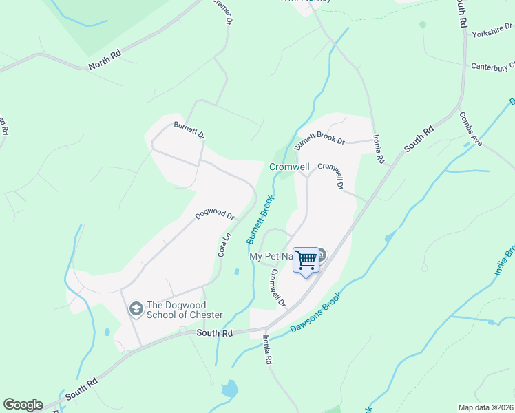 map of restaurants, bars, coffee shops, grocery stores, and more near 28 Cora Lane in Chester