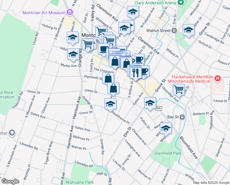 map of restaurants, bars, coffee shops, grocery stores, and more near 67 Union Street in Montclair