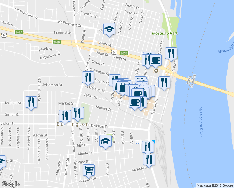 map of restaurants, bars, coffee shops, grocery stores, and more near 613 Jefferson St in Burlington