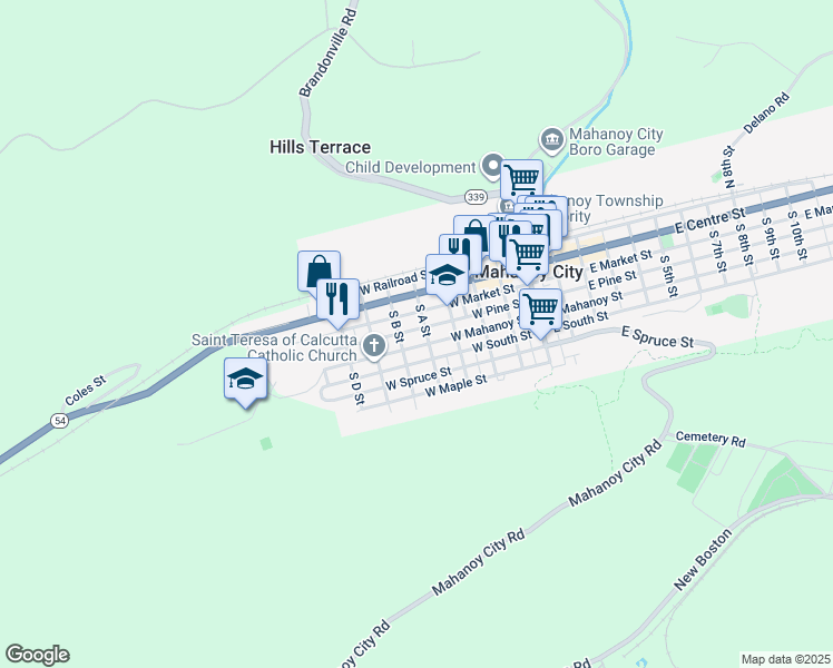 map of restaurants, bars, coffee shops, grocery stores, and more near 426 West Pine Street in Mahanoy City