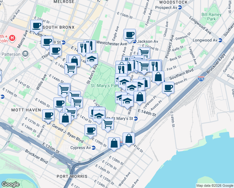 map of restaurants, bars, coffee shops, grocery stores, and more near 449 Jackson Avenue in Bronx