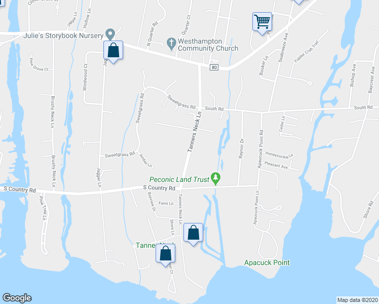 map of restaurants, bars, coffee shops, grocery stores, and more near 50 Tanners Neck Lane in Westhampton