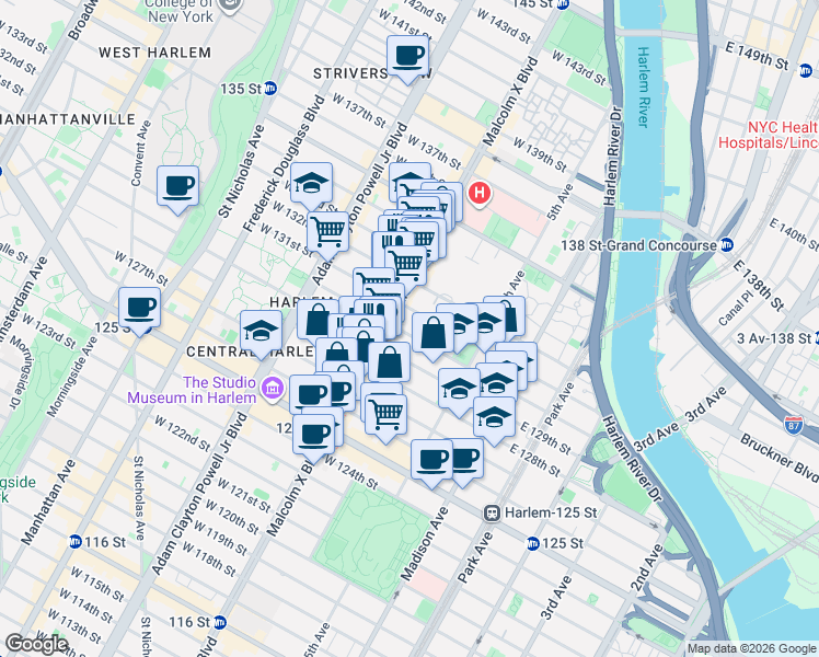 map of restaurants, bars, coffee shops, grocery stores, and more near 63 West 130th Street in New York