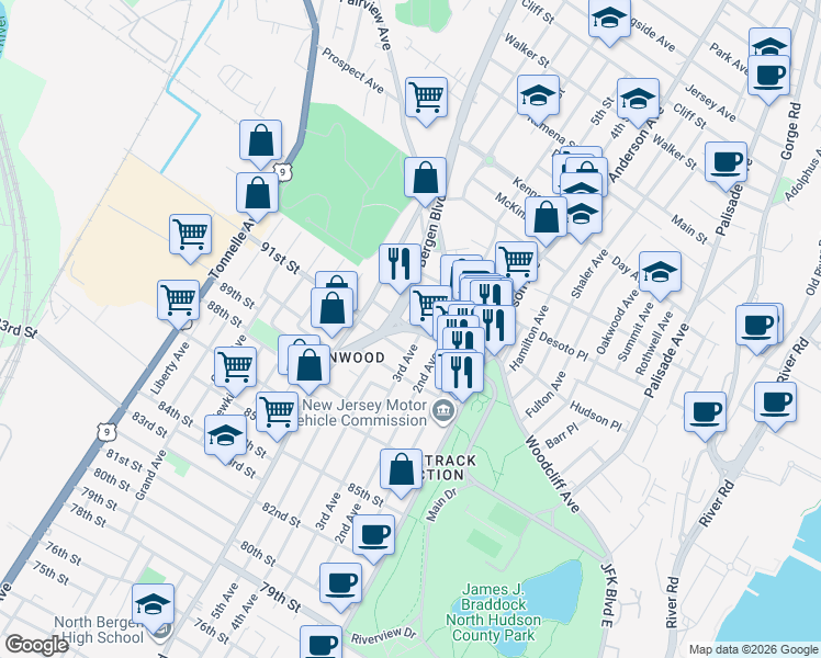 map of restaurants, bars, coffee shops, grocery stores, and more near 9201 Kennedy Boulevard in North Bergen