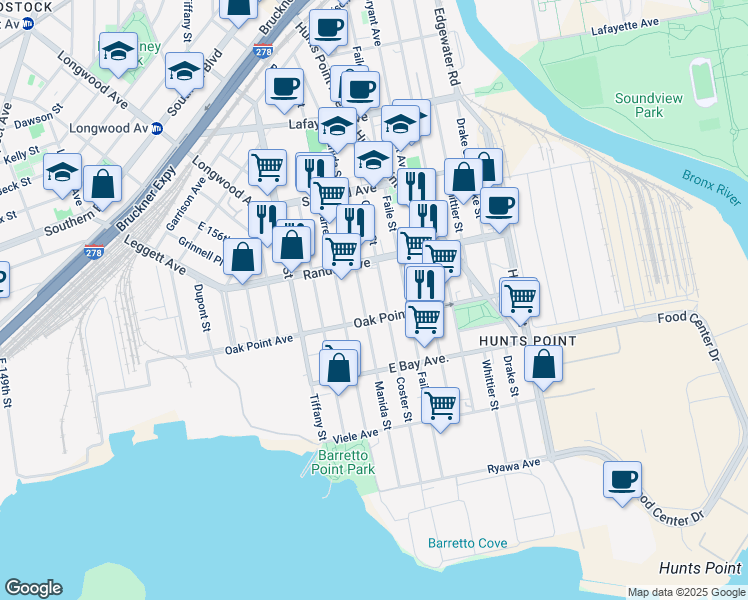 map of restaurants, bars, coffee shops, grocery stores, and more near 1275 Oak Point Avenue in The Bronx