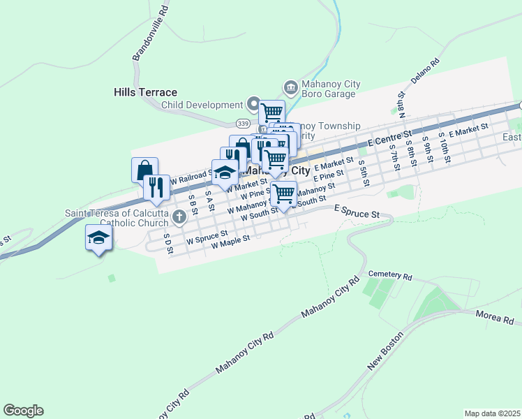 map of restaurants, bars, coffee shops, grocery stores, and more near 112 West Mahanoy Street in Mahanoy City