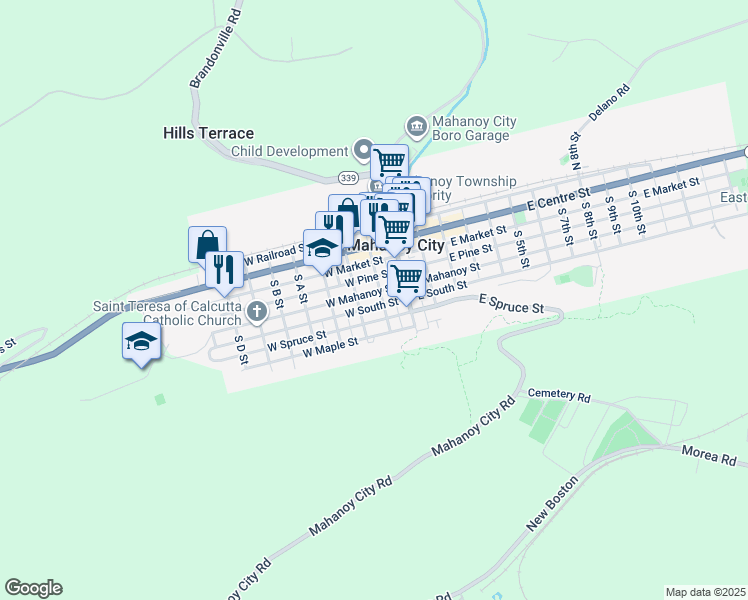 map of restaurants, bars, coffee shops, grocery stores, and more near 112 West Mahanoy Street in Mahanoy City