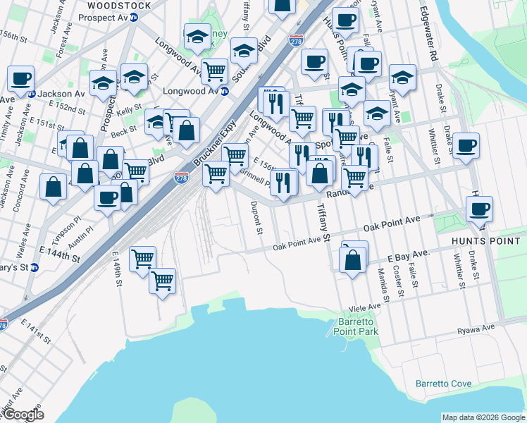 map of restaurants, bars, coffee shops, grocery stores, and more near 531 Dupont Street in Bronx