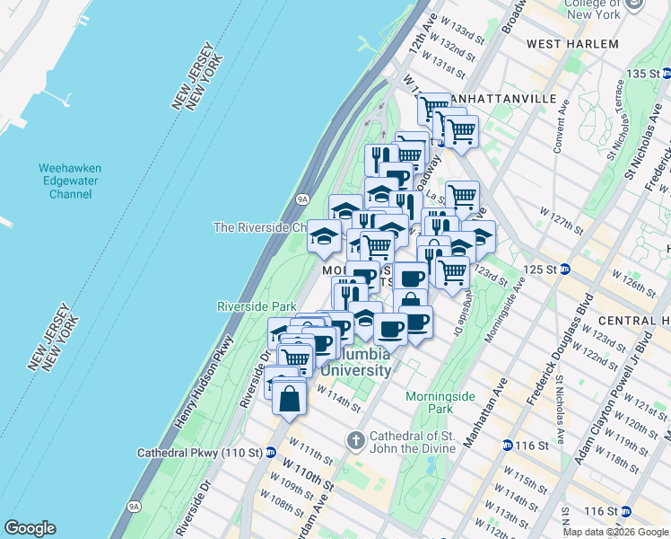 map of restaurants, bars, coffee shops, grocery stores, and more near 475 Riverside Drive in New York
