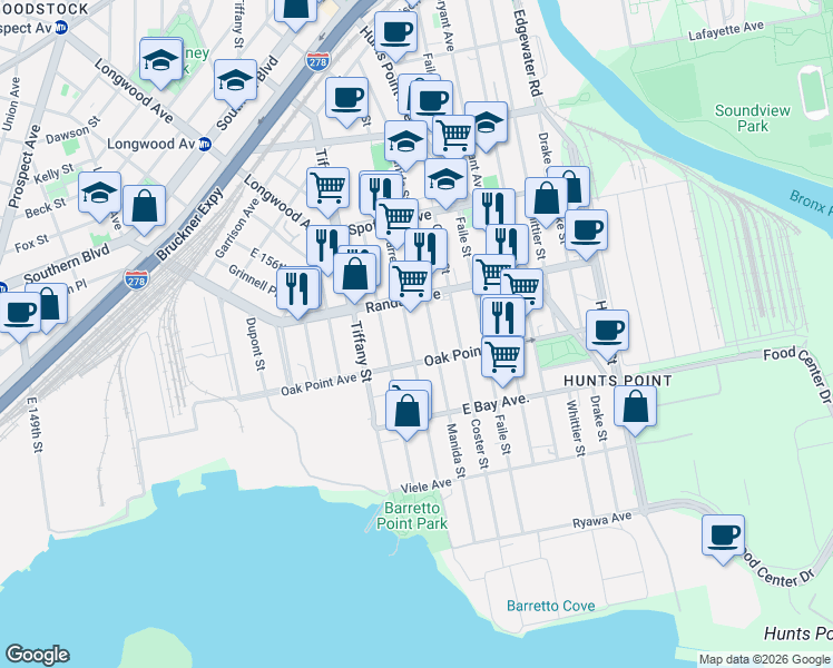 map of restaurants, bars, coffee shops, grocery stores, and more near 521 Barretto Street in The Bronx