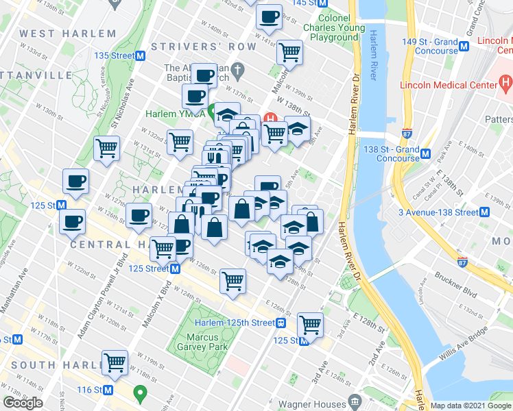map of restaurants, bars, coffee shops, grocery stores, and more near 28 West 131st Street in New York