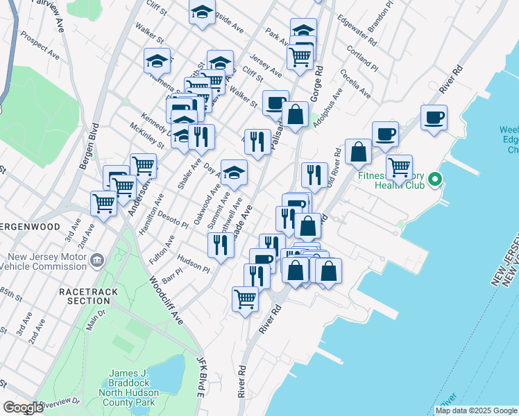 map of restaurants, bars, coffee shops, grocery stores, and more near 7 Laird Place in Cliffside Park