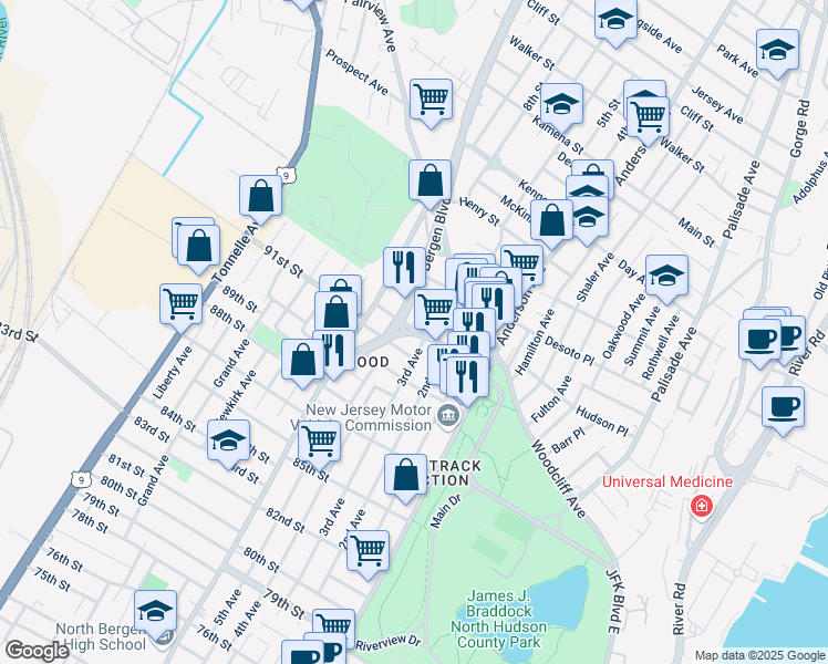 map of restaurants, bars, coffee shops, grocery stores, and more near 9103 3rd Avenue in North Bergen