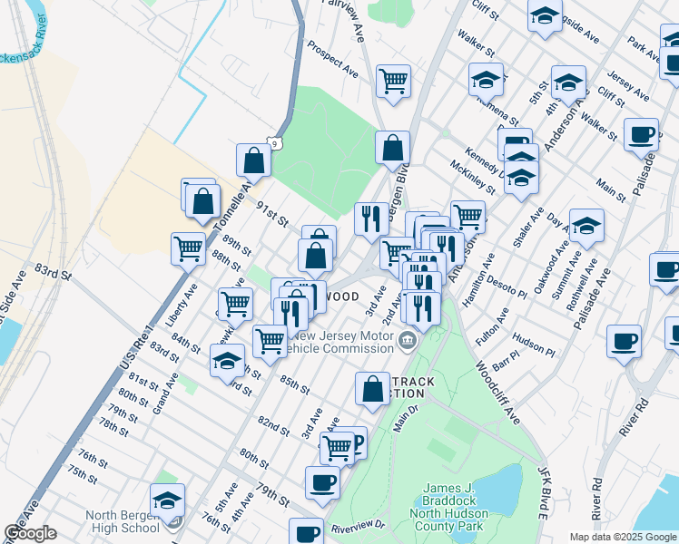 map of restaurants, bars, coffee shops, grocery stores, and more near 9023 John F. Kennedy Boulevard in North Bergen