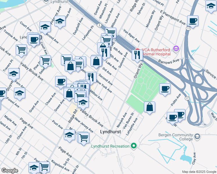 map of restaurants, bars, coffee shops, grocery stores, and more near 701 New York Avenue in Lyndhurst