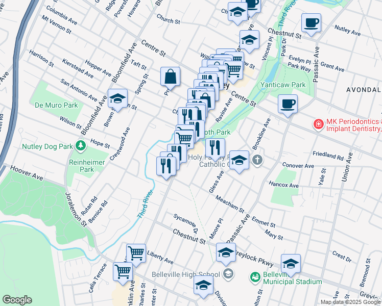 map of restaurants, bars, coffee shops, grocery stores, and more near 10 Coppola Street in Nutley