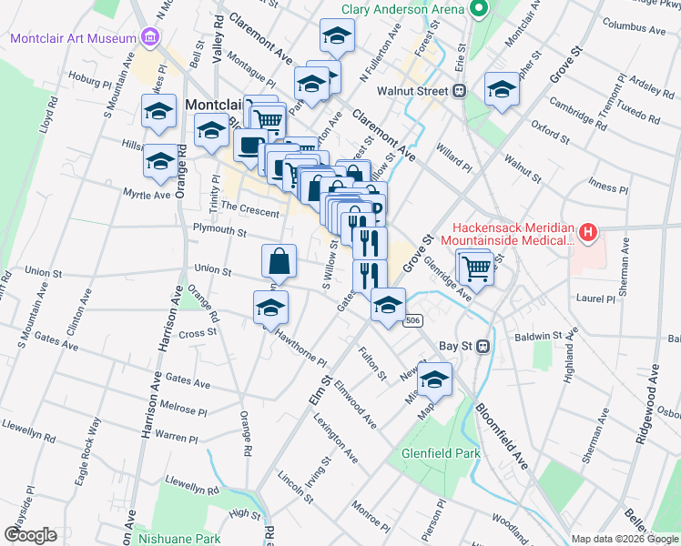map of restaurants, bars, coffee shops, grocery stores, and more near 43 South Willow Street in Montclair