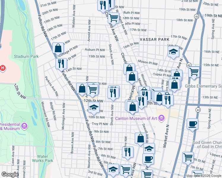 map of restaurants, bars, coffee shops, grocery stores, and more near in Canton
