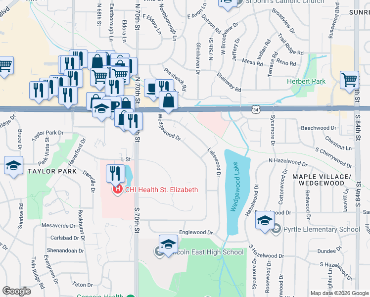 map of restaurants, bars, coffee shops, grocery stores, and more near 241 Wedgewood Drive in Lincoln