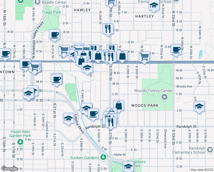 map of restaurants, bars, coffee shops, grocery stores, and more near 329 South 27th Street in Lincoln